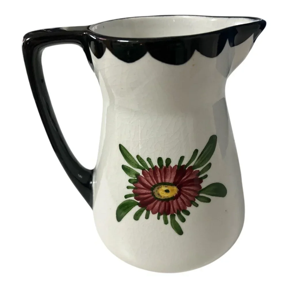 Vintage German Hand-Painted Floral Ceramic Pitcher 5” – Crackle Glaze, Black Rim
